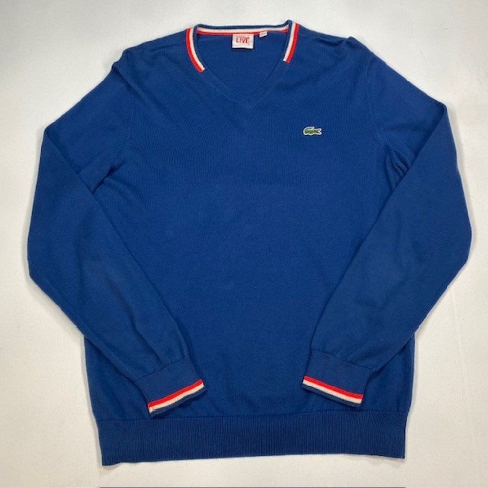 Lacoste Live Mens Blue Cotton V-Neck Sweater Striped Trim FC 5955 Size 5 Large